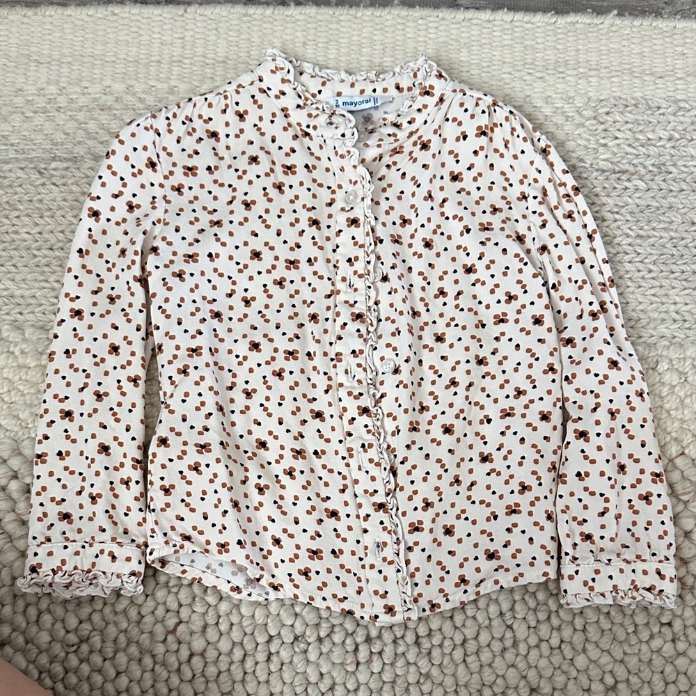 Mayoral Cream Long-Sleeve Ruffle Blouse with Brown Spot Print
